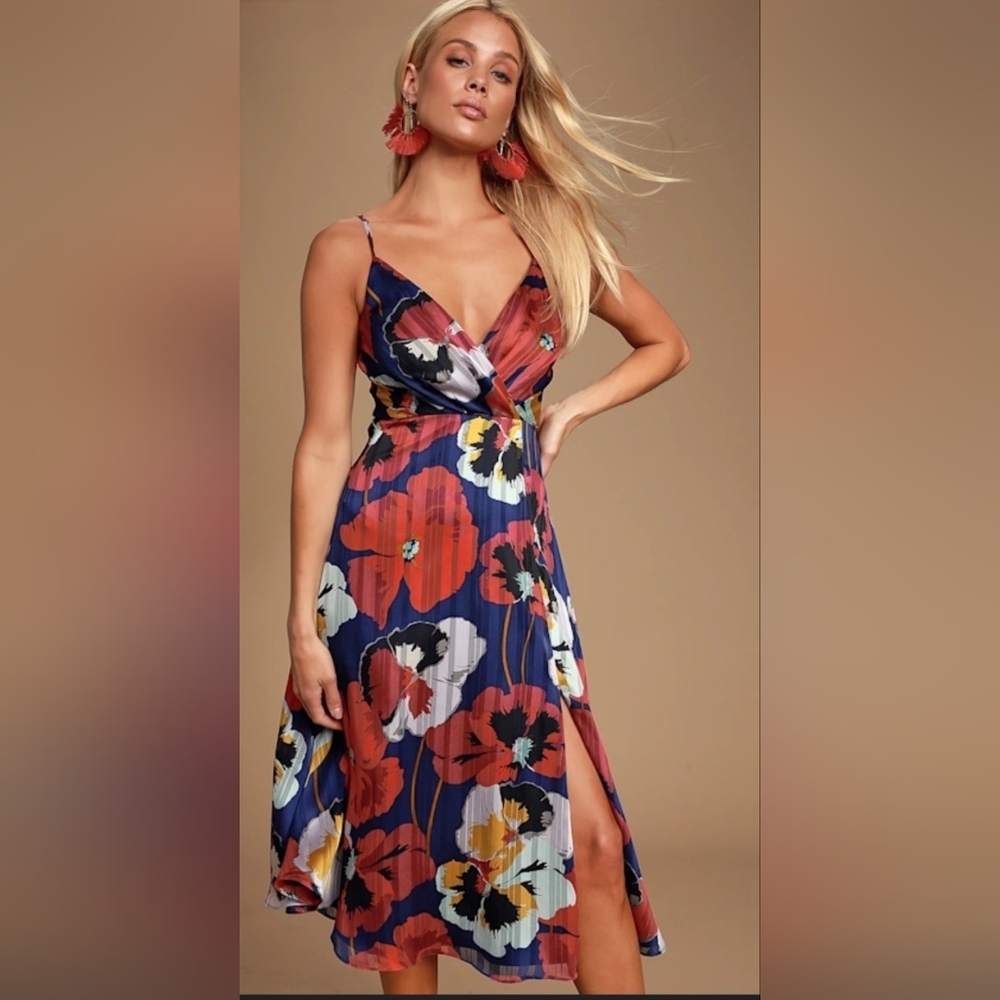 Lulu's Navy Floral Midi Dress with Red & Cream Blooms